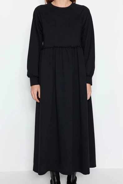 Yeni Regular Casual Günlük 2 İplik Örme Bisiklet Yaka Uzun Kol Basic Maxi Boy Tesettür Elbise