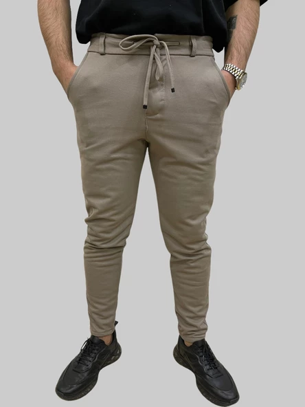 Erkek Runner Jogger Düğmeli Fermuarlı Bağcıklı Kahve Köpüğü Kargo Pantolon