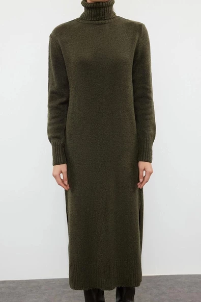 Yeni Oversize Casual Günlük Dolu İğne Triko Balıkçı Yaka Uzun Kol Shift Midi Boy Elbise
