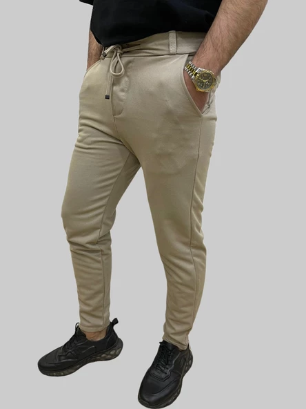 Erkek Runner Jogger Düğmeli Fermuarlı Bağcıklı Bej Kargo Pantolon - 4