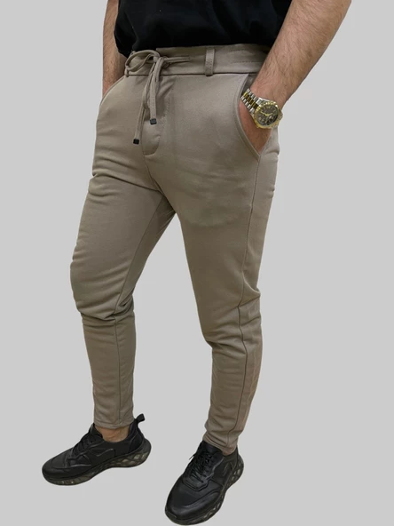 Erkek Runner Jogger Düğmeli Fermuarlı Bağcıklı Kahve Köpüğü Kargo Pantolon - 4