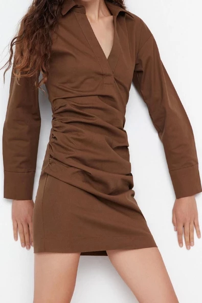 Yeni Regular Gündüz Gece Gabardin Dokuma Gömlek Yaka Uzun Kol Gömlek Elbise Mini Boy Elbise - 2