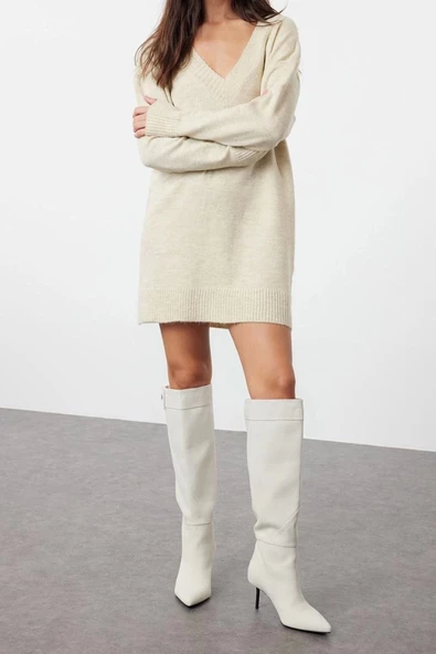 Yeni Oversize Casual Günlük Dolu İğne Triko V Yaka Uzun Kol Kazak Elbise Mini Boy Elbise - 2