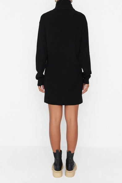 Yeni Oversize Casual Günlük Fitilli Triko Balıkçı Yaka Uzun Kol Kazak Elbise Mini Boy Elbise - 5
