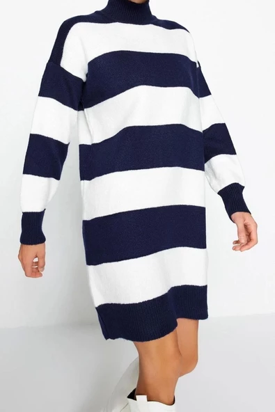 Yeni Oversize Casual Günlük Bürümcük Triko Dik Yaka Uzun Kol Kazak Elbise Mini Boy Elbise - 2