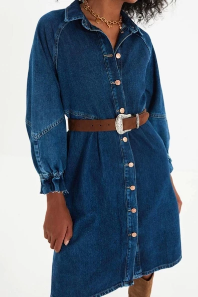 Yeni Regular Casual Günlük Twill Denim Gömlek Yaka Uzun Kol A-Line Mini Boy Elbise
