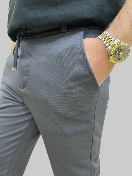 Erkek Runner Jogger Düğmeli Fermuarlı Bağcıklı Antrasit Kargo Pantolon - 2