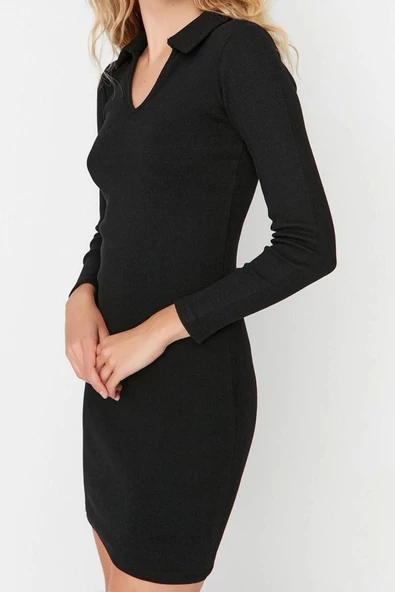 Yeni Slim Casual Günlük Rejenere Kaşkorse Örme Polo Yaka Uzun Kol Bodycone Mini Boy Elbise