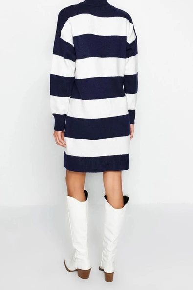 Yeni Oversize Casual Günlük Bürümcük Triko Dik Yaka Uzun Kol Kazak Elbise Mini Boy Elbise - 5