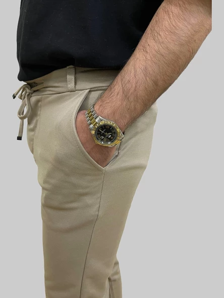 Erkek Runner Jogger Düğmeli Fermuarlı Bağcıklı Bej Kargo Pantolon - 2