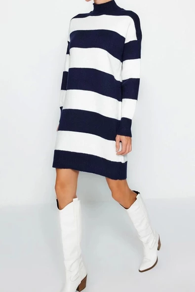 Yeni Oversize Casual Günlük Bürümcük Triko Dik Yaka Uzun Kol Kazak Elbise Mini Boy Elbise - 3