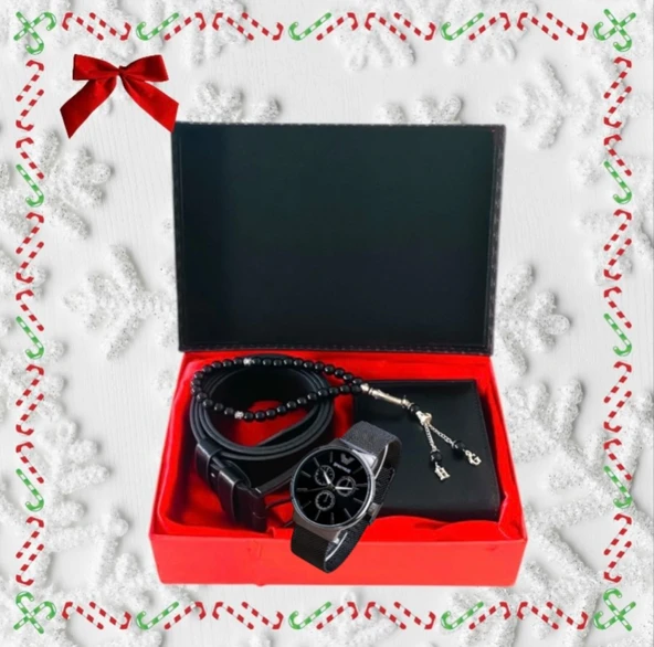 Erkek Kol Saati Deri Siyah Kemer Cüzdan Harfli Tesbih