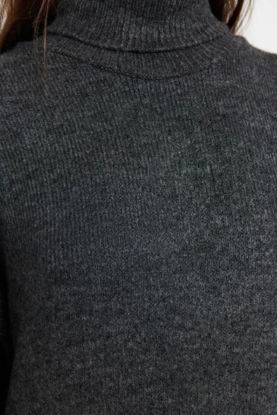 Yeni Regular Casual Günlük Tek Plaka Triko Balıkçı Yaka Uzun Kol Shift Midi Boy Elbise - 5