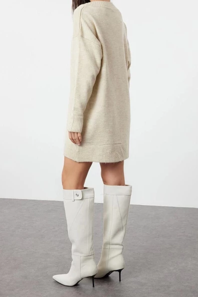 Yeni Oversize Casual Günlük Dolu İğne Triko V Yaka Uzun Kol Kazak Elbise Mini Boy Elbise - 5