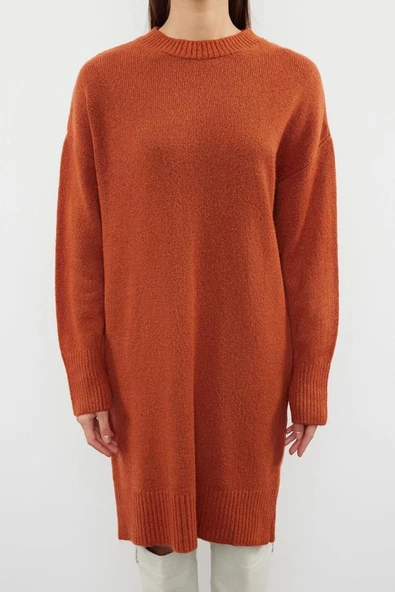 Yeni Oversize Casual Günlük Çift Plaka Triko Bisiklet Yaka Uzun Kol Shift Mini Boy Elbise