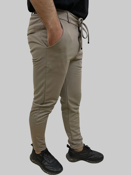 Erkek Runner Jogger Düğmeli Fermuarlı Bağcıklı Kahve Köpüğü Kargo Pantolon - 3