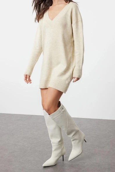 Yeni Oversize Casual Günlük Dolu İğne Triko V Yaka Uzun Kol Kazak Elbise Mini Boy Elbise - 3