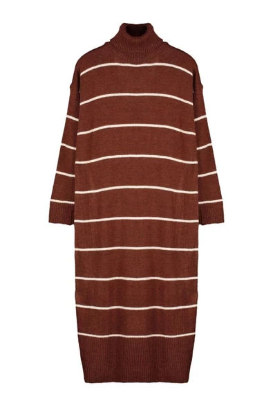 Yeni Oversize Casual Günlük Çift Plaka Triko Balıkçı Yaka Uzun Kol Shift Maxi Boy Elbise