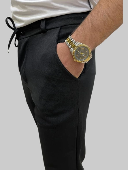 Erkek Runner Jogger Düğmeli Fermuarlı Bağcıklı Siyah Kargo Pantolon - 2