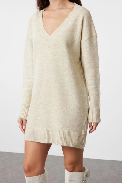 Yeni Oversize Casual Günlük Dolu İğne Triko V Yaka Uzun Kol Kazak Elbise Mini Boy Elbise