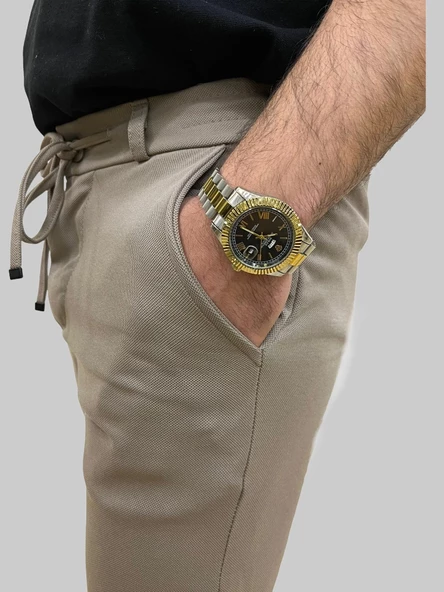 Erkek Runner Jogger Düğmeli Fermuarlı Bağcıklı Kahve Köpüğü Kargo Pantolon - 2