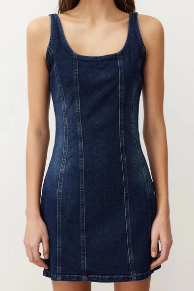 Yeni Fit Casual Günlük Comfort Denim Bisiklet Yaka Kolsuz Kol Basic Midi Boy Elbise