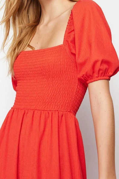 Yeni Regular Casual Günlük Bürümcük Örme Kare Yaka Kısa Kol Eteği Fırfırlı Midi Boy Elbise