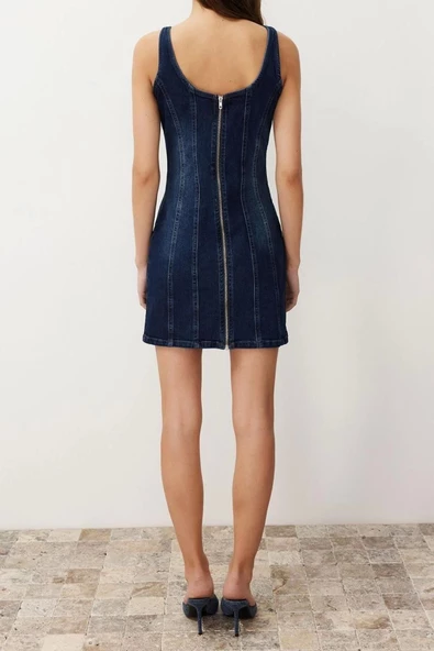 Yeni Fit Casual Günlük Comfort Denim Bisiklet Yaka Kolsuz Kol Basic Midi Boy Elbise - 6