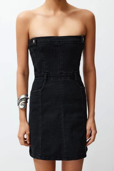 Yeni Fit Şık Abiye Gece Stretch Denim Straplez Kolsuz Kol Basic Mini Boy Elbise