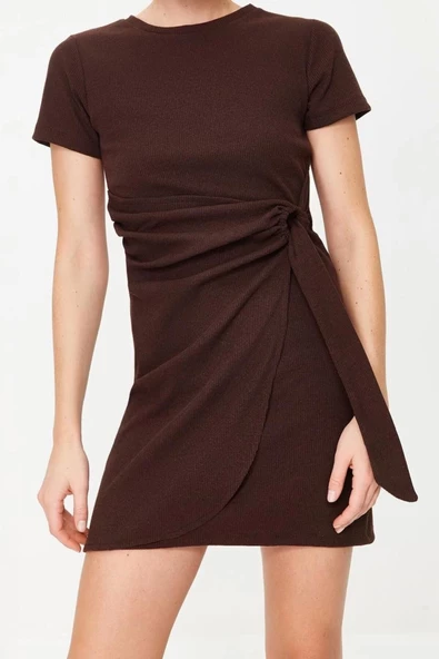 Yeni Regular Casual Günlük Kaşkorse Örme Bisiklet Yaka Kısa Kol Anvelop Mini Boy Elbise - 4