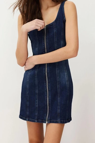Yeni Fit Casual Günlük Comfort Denim Bisiklet Yaka Kolsuz Kol Basic Midi Boy Elbise - 2
