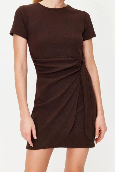Yeni Regular Casual Günlük Kaşkorse Örme Bisiklet Yaka Kısa Kol Anvelop Mini Boy Elbise