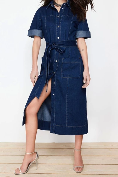 Yeni Regular Casual Günlük Rigid Denim Gömlek Yaka Uzun Kol Basic Maxi Boy Elbise - 3