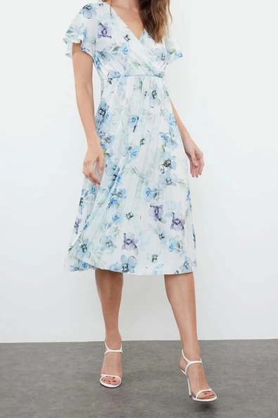 Yeni Regular Casual Günlük Polyester Kaşkorse Örme Kruvaze Kısa Kol A-Line Midi Boy Elbise - 2