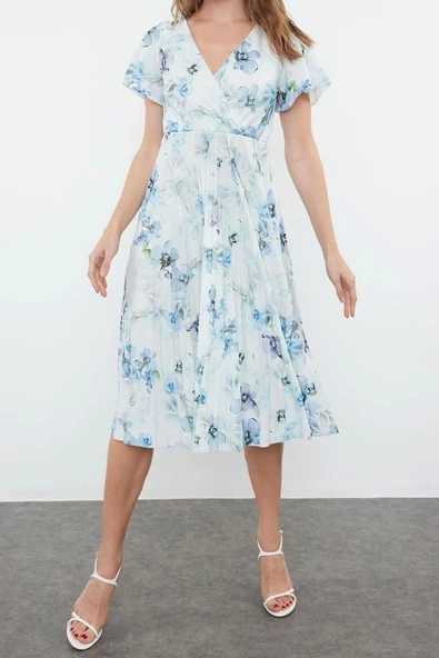 Yeni Regular Casual Günlük Polyester Kaşkorse Örme Kruvaze Kısa Kol A-Line Midi Boy Elbise - 3
