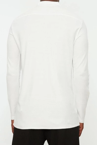 Erkek Moda Uzun Kol Örme Beyaz Slim Fit Gömlek Yaka Apoletli Örme Pike Gömlek - 6