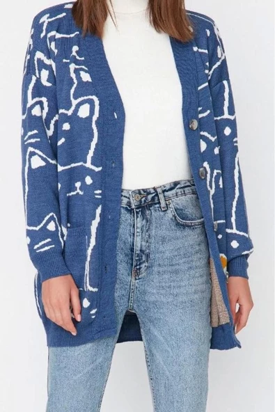 Kadın Moda Şık Tesettür Midi V Yaka Relaxed İndigo Animal Desenli Triko Hırka - 3