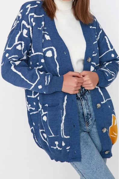 Kadın Moda Şık Tesettür Midi V Yaka Relaxed İndigo Animal Desenli Triko Hırka - 4