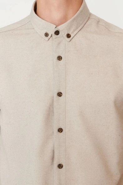 Erkek Moda Uzun Kol Dokuma Açık Kahverengi Slim Fit Düğmeli Yaka Kışlık Gömlek