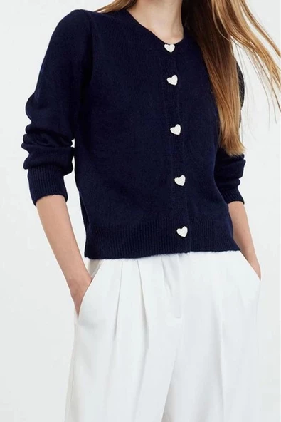 Kadın Moda Regular Bisiklet Yaka Regular Yumuşak Dokulu Mücevher Düğmeli Ceket Görünümlü Triko Hırka - 3
