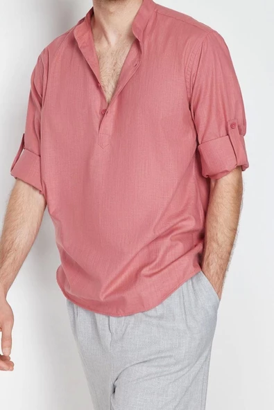 Erkek Moda Uzun Kol Dokuma Gül Kurusu Hakim Yaka Regular Fit Kolları Apoletli Gömlek - 3