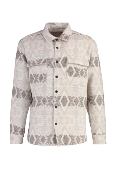 Erkek Moda Uzun Kol Dokuma Ekru Unisex Regular Fit Çift Cep Kapaklı Etnik Kışlık Oduncu Gömlek