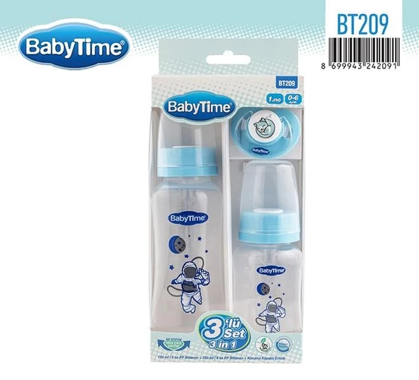 BabyTime 1.No 0-6 Ay 3'lü Set 150ml Biberon+250ml Biberon+Koruma Kapaklı Emzik
