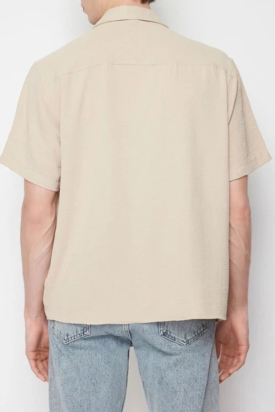 Erkek Moda Kısa Kol Dokuma Taş Oversize Fit Yazlık  Keten Görünümlü Gömlek - 4