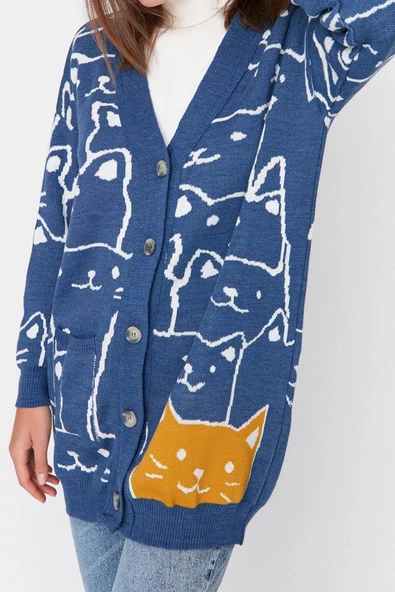Kadın Moda Şık Tesettür Midi V Yaka Relaxed İndigo Animal Desenli Triko Hırka - 2