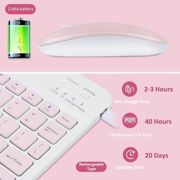 Huawei MatePad Pro 2024 PaperMate Edition 12.2"  Uyumlu Kablosuz Bluetooth Şarj Edilebilir Klavye Mouse Seti - Pembe