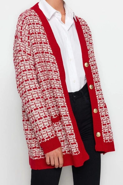 Kadın Moda Şık Midi V Yaka Oversize Geniş Kalıp Tüvit Görünümlü Simli Triko Hırka - 2