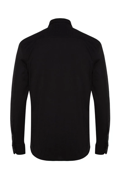 Erkek Moda Uzun Kol Örme Siyah Slim Fit Rahat Konforlu Esnek Düğmeli Yaka Basic Gömlek