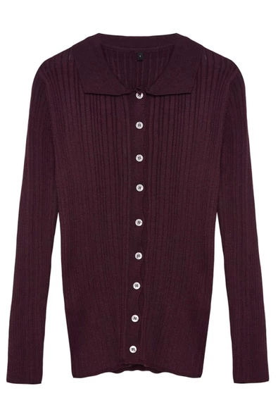 Kadın Moda Şık Regular Polo Yaka Slim Fitilli Polo Yaka Triko Hırka