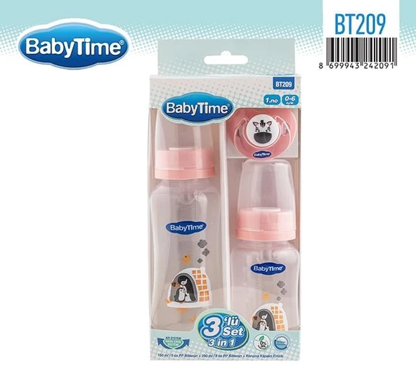BabyTime 1.No 0-6 Ay 3'lü Set 150ml Biberon+250ml Biberon+Koruma Kapaklı Emzik